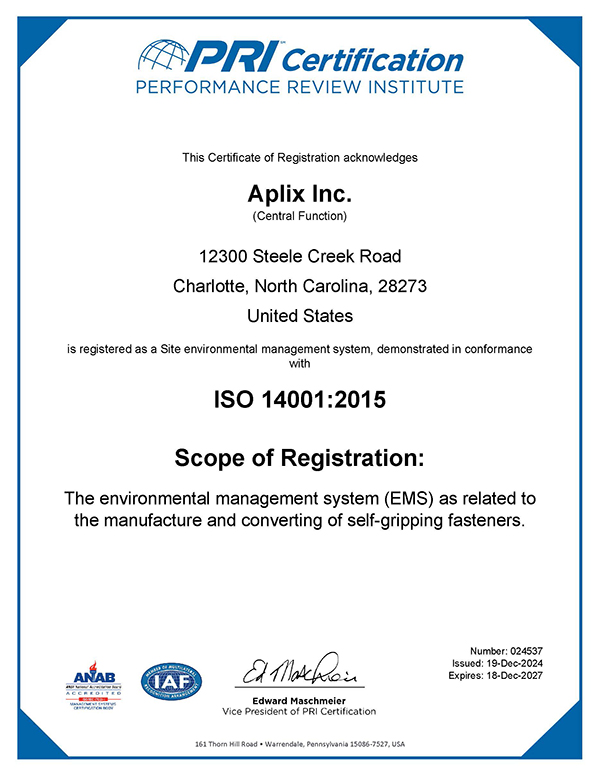 APLIX USA usine certifiée ISO 14001