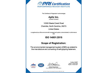 Usine APLIX USA certifiée ISO 14001